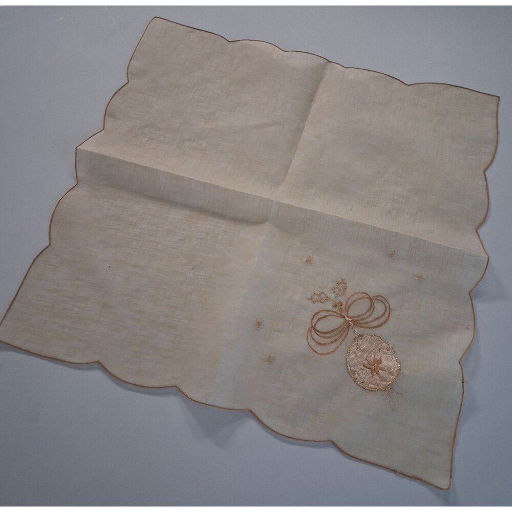 Vintage Christmas Table Square 19.5" Sheer Ecru Gold Ornament Embroidered